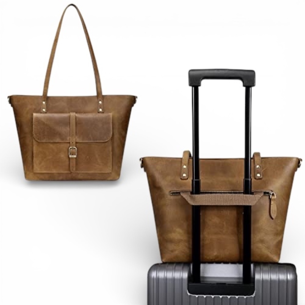 S-ZONE Waxed Brown Leather Shoulder Tote Bag